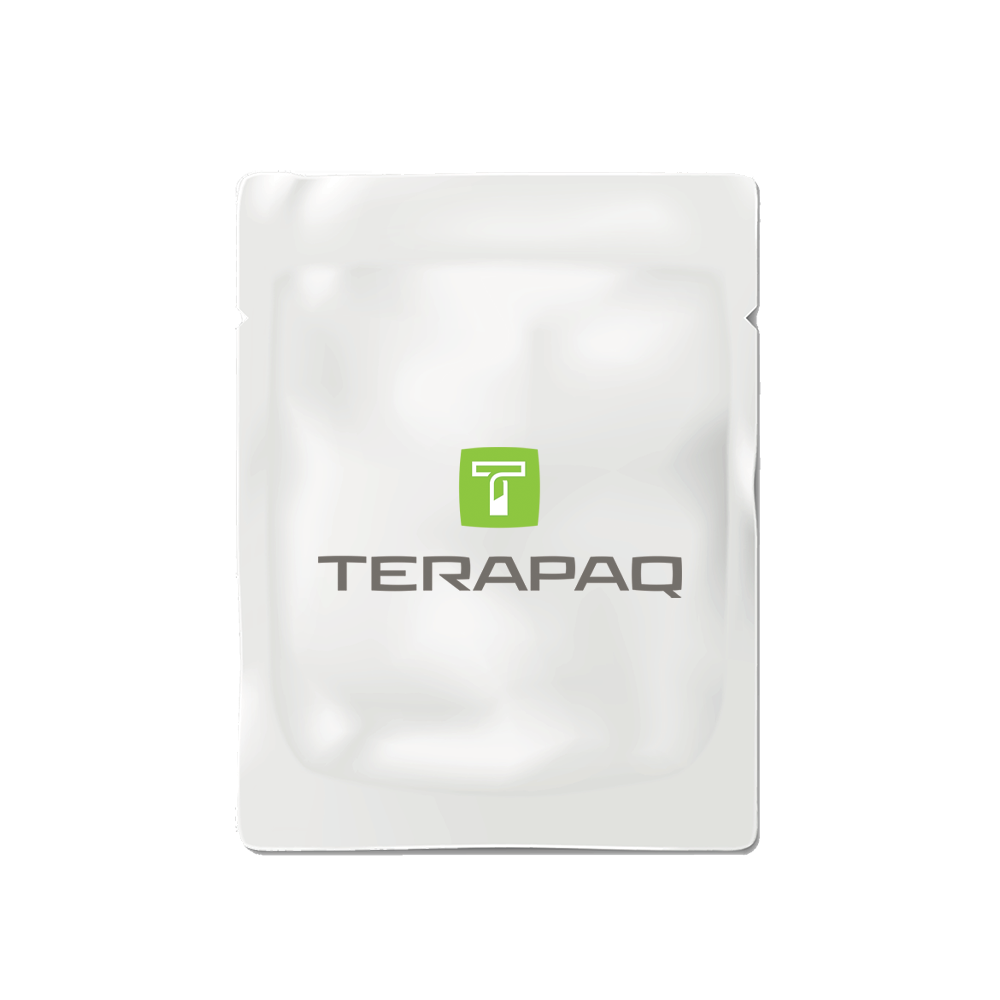 A white packaging pouch with the word "TERAPAQ" and a green logo featuring a stylized "T" on it.