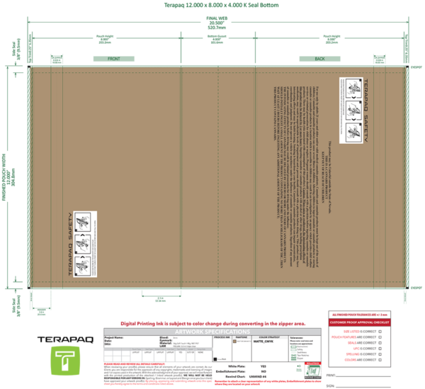 Flat packaging design blueprint for a Terapaq product. Includes measurements, cutting lines, and folding instructions. Text and logos are visible with a design note section at the bottom. Color zones indicated for printing guidance.