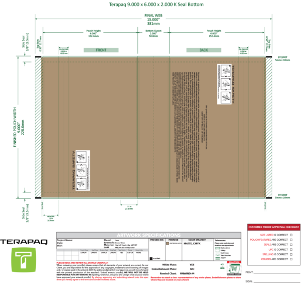 A detailed technical illustration of packaging design specifications for Terapaq. The image includes dimensions, cutting lines, folding lines, and artwork placement. Color codes and a proofing checklist are visible at the bottom.