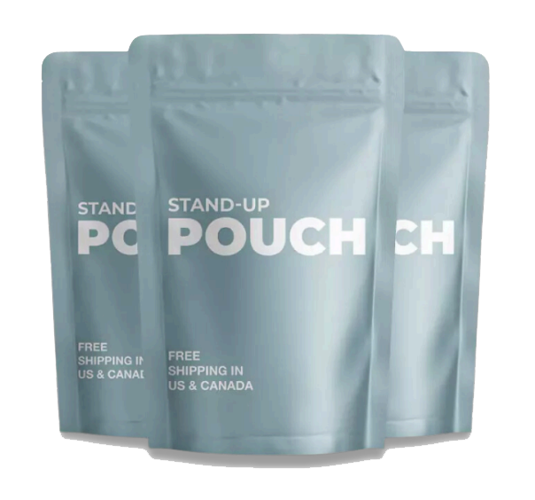 Three metallic stand-up pouches with the text "STAND-UP POUCH" printed on them. The packaging also indicates "FREE SHIPPING IN US & CANADA." The pouches are arranged in overlapping layers.