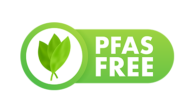 A green rectangular label with text "PFAS FREE" on the right and two green leaves in a white circle on the left.