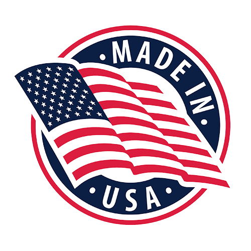 A circular emblem with a waving American flag design in the center. The words "Made in USA" are displayed around the flag in bold letters, with a blue and red color scheme.