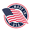 Circular "Made in USA" logo featuring a stylized American flag waving diagonally across the center. The text "Made in USA" is written in white around the flag on a dark blue border.