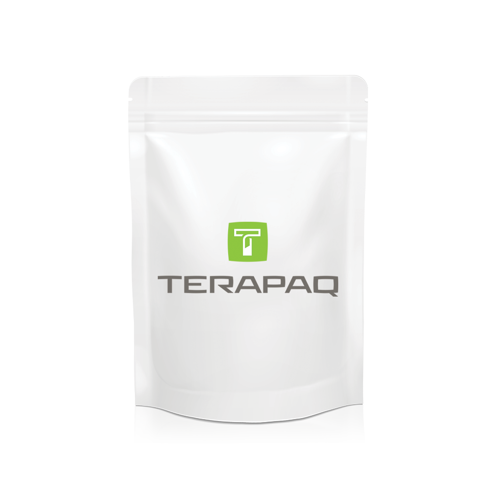 A transparent stand-up pouch displaying the green and white Terapaq logo. The package is simple and modern, with a resealable zip-lock closure.