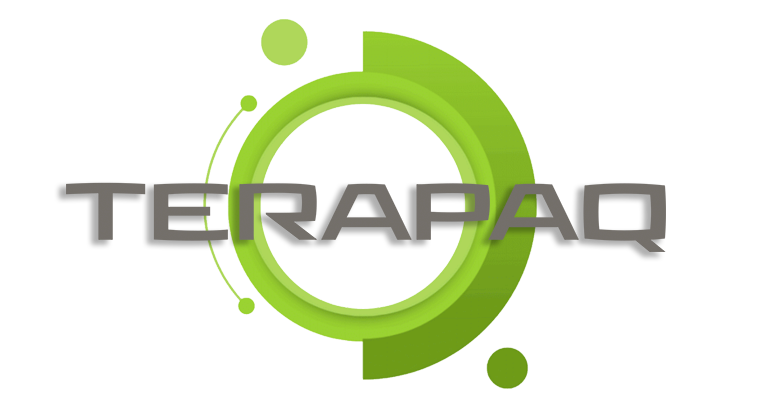 A logo with the word "TERAPAQ" in bold black letters. Surrounding the text is a green circular design with connecting lines and dots, creating a dynamic and modern look.